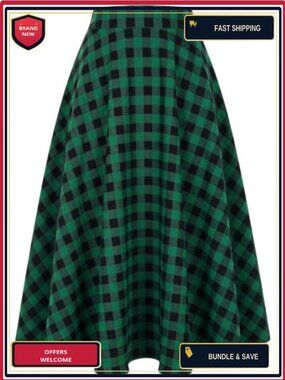 A-Line Tartan Plaid Maxi Skirt with Pockets, Elastic High Waist Flared,